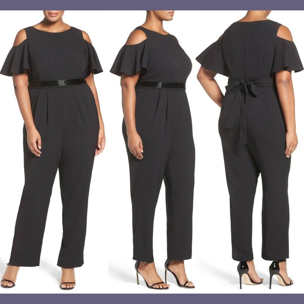 NEW Eliza J Embellished‎ Cold Shoulder Jumpsuit in Black [PLUS SZ 16W ]